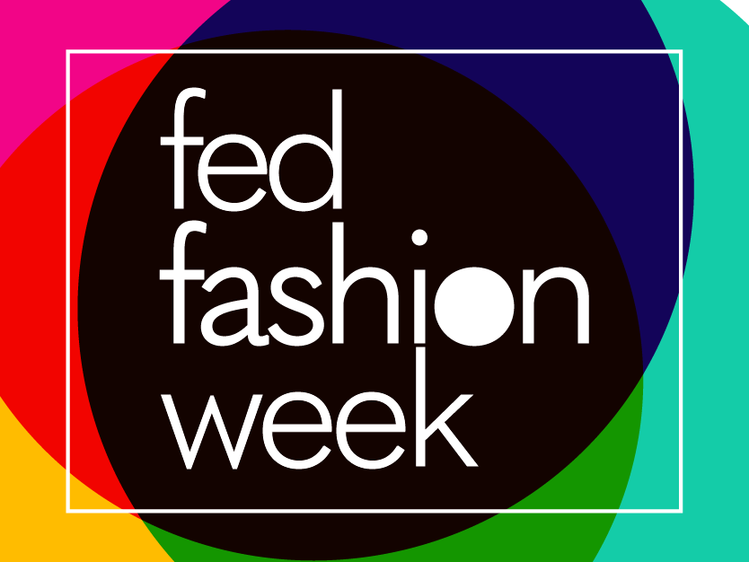 the words fed fashion week on a red, yellow, dark blue and green background